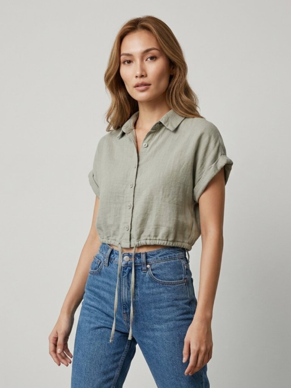 BETTER TOGETHER Sage Green Cropped Button-Down Shirt Sz M